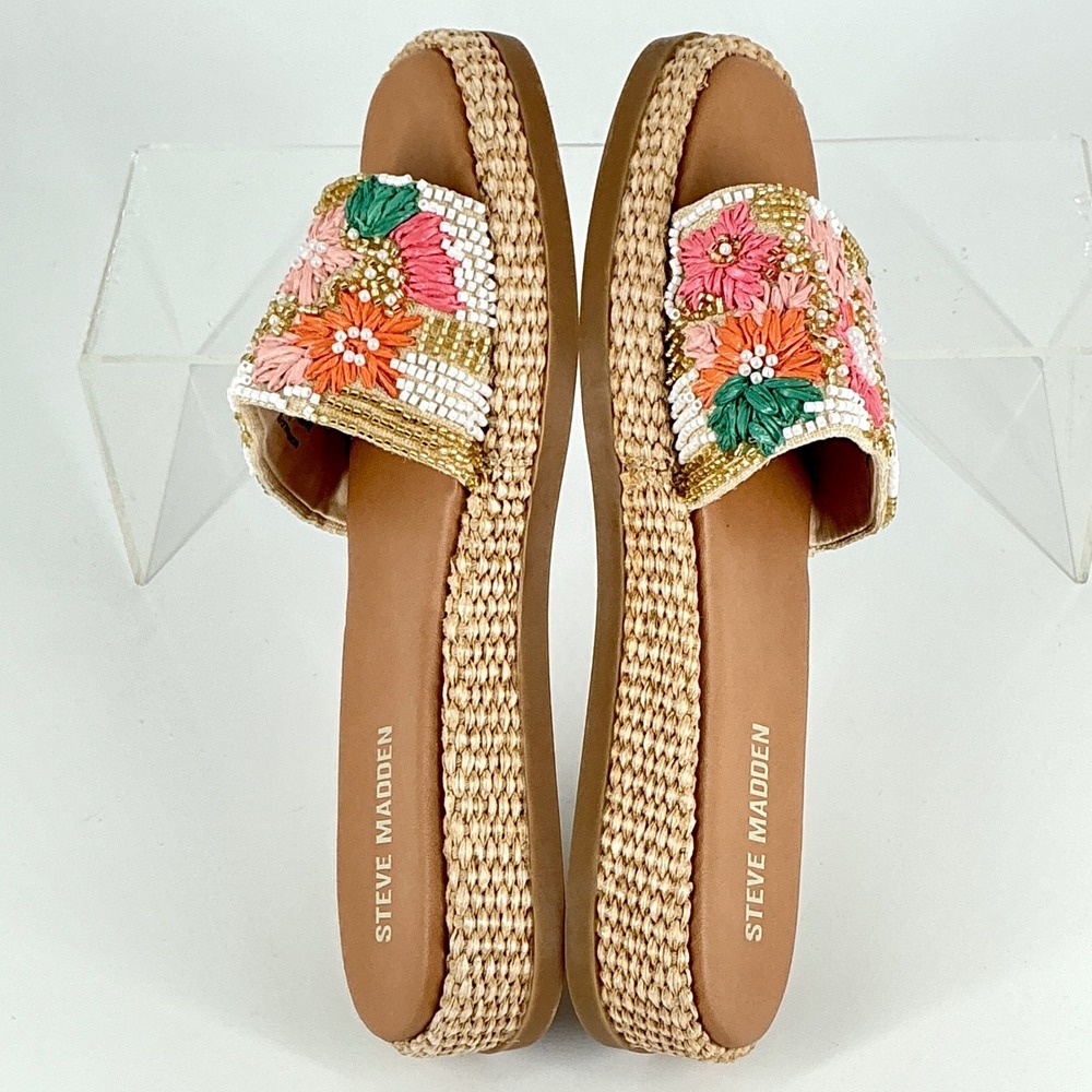 Steve Madden Size 8.5 Beaded Floral Raffia Platform Slide Sandals NEW Boardwalk - Picture 11 of 11